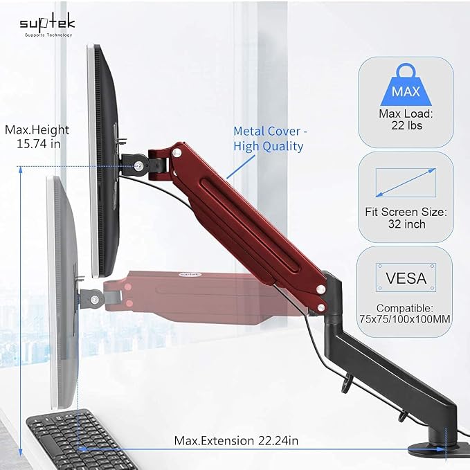 Suptek Monitor Mount Gas Spring Monitor Arm Desk Mount Fully Adjustable Fits 17