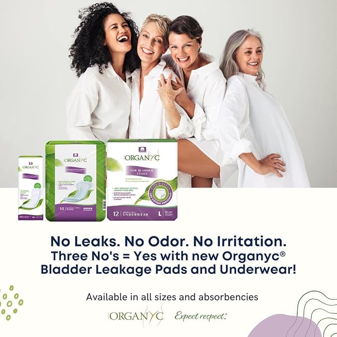 Organyc 100% Organic Cotton Inside and Out Incontinence Pads for Bladder Leaks, FSA/HSA Eligible, Maximum Flow, 16 Count