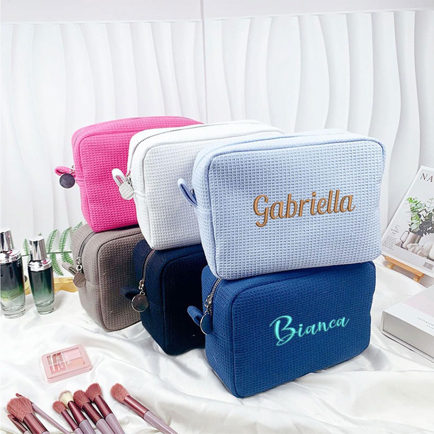 GOPHIE Personalized Embroidered Makeup Bag,Custom Waffle Fabric Cosmetic Pouch for Women, Travel Makeup Pouch (3, Navy Blue)