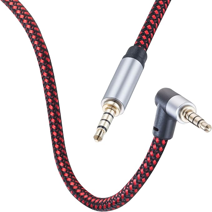 Male to Male Audio Cable 12Ft, 90 Degree TRRS 3.5mm 4 Pole Nylon Braided Stereo