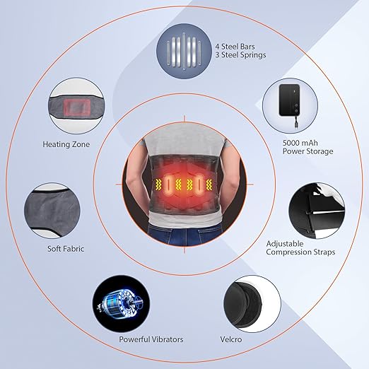 HONGJING Heated Back Massager Brace for Lower Back Pain Relief, Cordless Back Vibration Massage Belt with 3 Heating Modes and 4 Massage Modes for Sciatica and Scoliosis-M