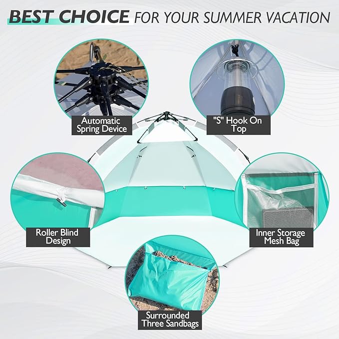 Beach Tent Pop Up Shade, Instant Beach Tents Sun Shelter with UPF 50+ UV Protection, Lightweight & Easy Setup Tent 2-6 Person