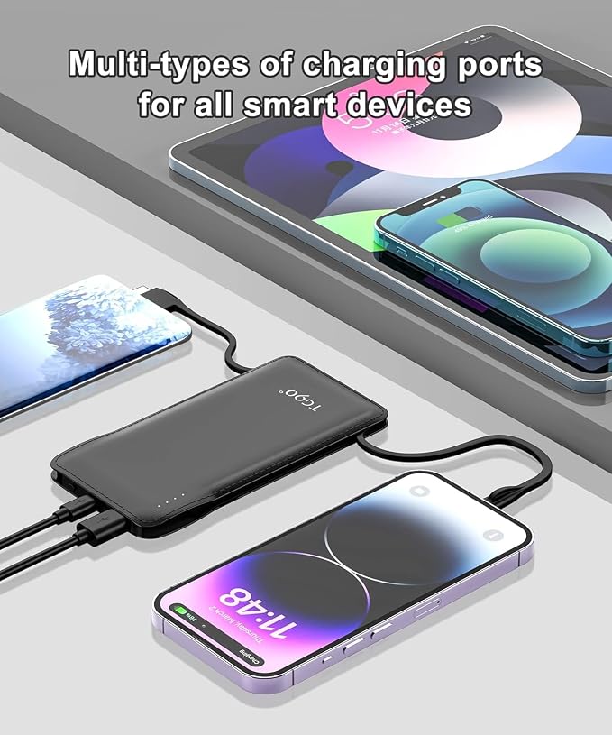 TG90° Portable Charger with Cords 10000mAh Power Bank with Built in Cables
