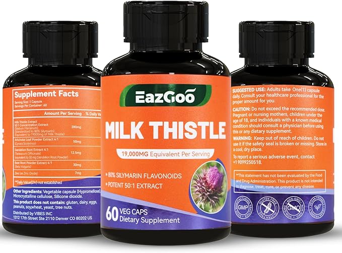 Milk Thistle Capsules 19000mg Equivalent, 50X Concentrated Seed Extract & 80% Silymarin Standardized, Liver Support Supplement, Vegan, Non-GMO, 120 Capsules
