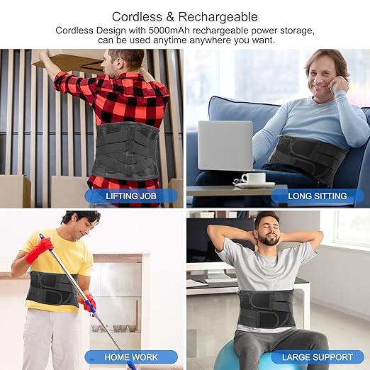 Heated Back Brace with Massage, Rechargeable Heating Pad for Back Pain Relief, Adjustable Back Support Belt with Heat Therapy and Vibration Massager for Men and Women, XL