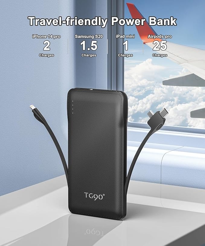 TG90° Portable Charger with Cords 10000mAh Power Bank with Built in Cables