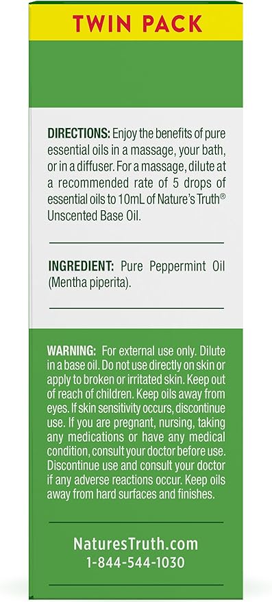 Nature's Truth Peppermint Essential Oil | Diffuser, Shower, or Bath | 2 Pack of 2 Fluid Ounces (59 mL) | Mentha Piperita