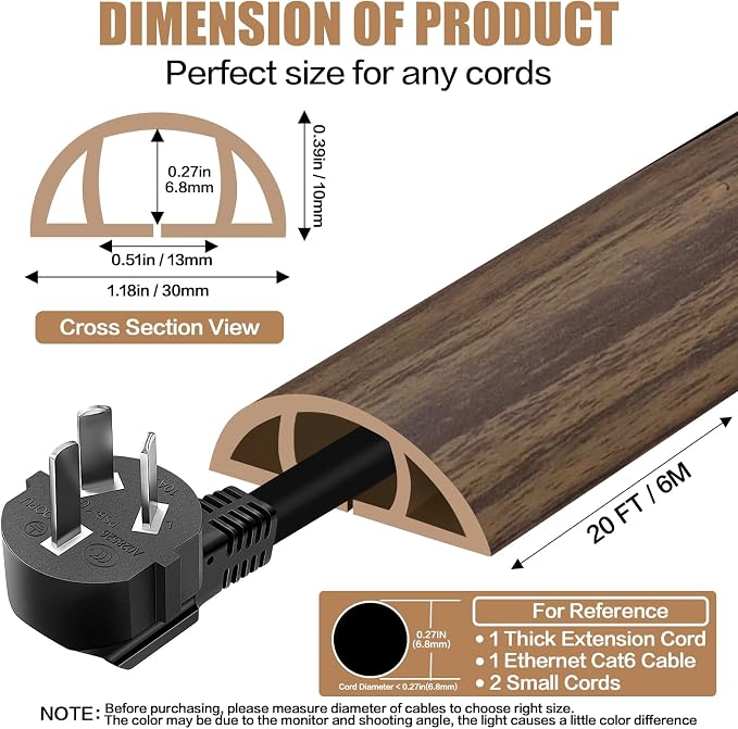 Floor Cord Cover Self Adhesive Cord Hider, 20FT Cable Management, Extension