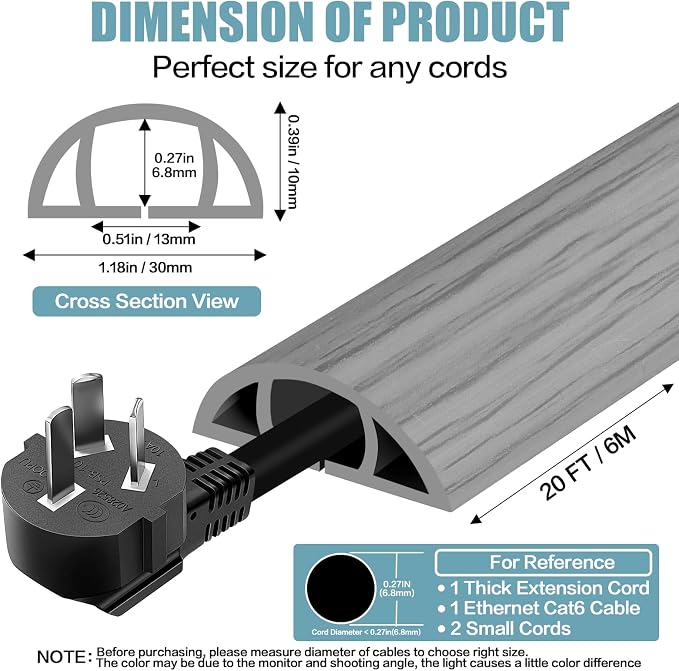 Floor Cord Cover Self Adhesive Cord Hider, 20FT Cable Management, Extension