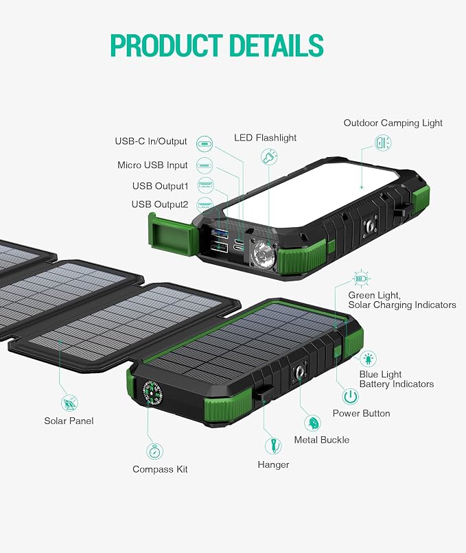 BLAVOR Solar Charger Power Bank, PD 18W Fast Charging 20000mAh Battery Pack