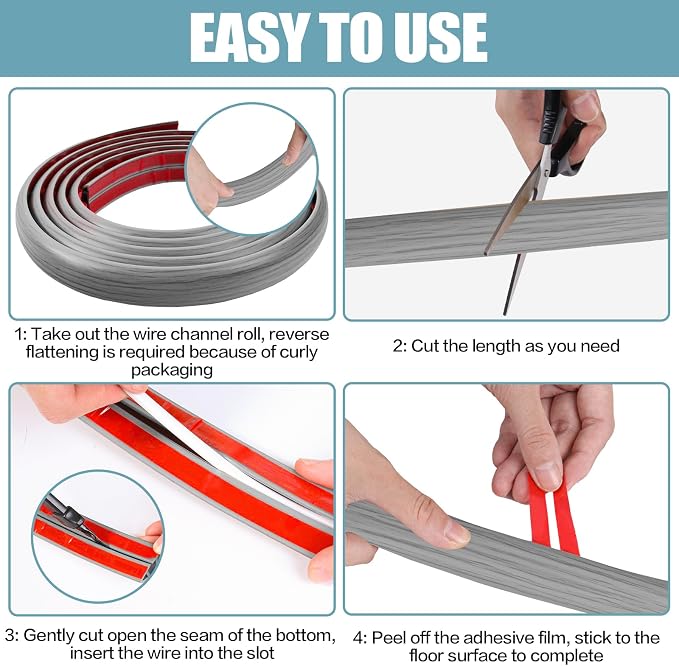 Floor Cord Cover Self Adhesive Cord Hider, 20FT Cable Management, Extension