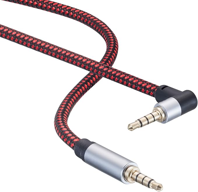 Male to Male Audio Cable 6Ft, 90 Degree TRRS 3.5mm 4 Pole Nylon Braided Stereo