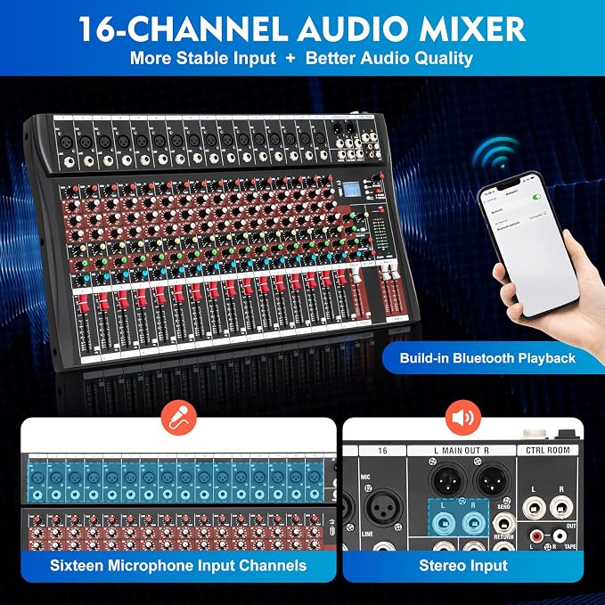 16 Channel Audio Mixer, Soundboard Mixing Console Sound Mixer DJ Sound