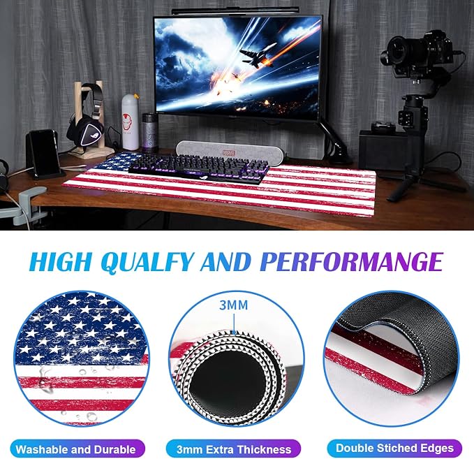 American Flag XXL Extended Mouse Pad, Patriot Large Laptop Pad, Waterproof