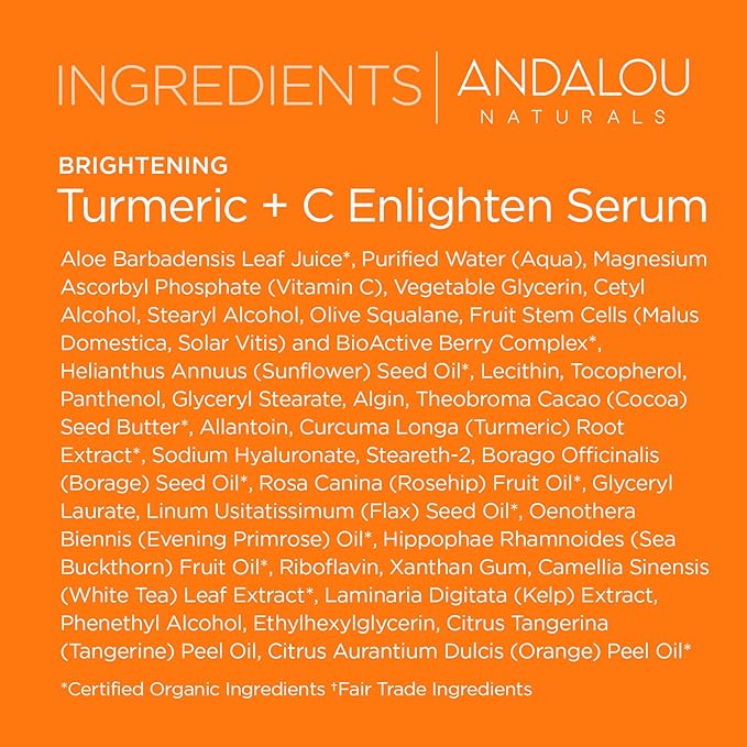 Andalou Naturals Turmeric + C Enlighten Serum, Skin Smoothing Serum with Vitamin C & Turmeric, Anti Aging Skin Care, Diminish Sun Damage and Refine Skin, 1.1 Fl Oz