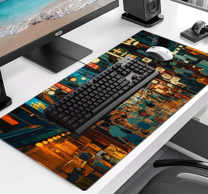 Cute Japanese Street Desk Mat, Anime Tokyo Street Night Scene Large Mouse Mat