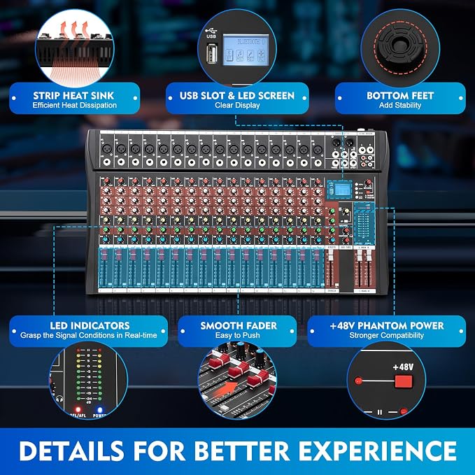 16 Channel Audio Mixer, Soundboard Mixing Console Sound Mixer DJ Sound
