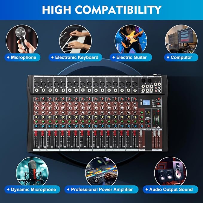 16 Channel Audio Mixer, Soundboard Mixing Console Sound Mixer DJ Sound