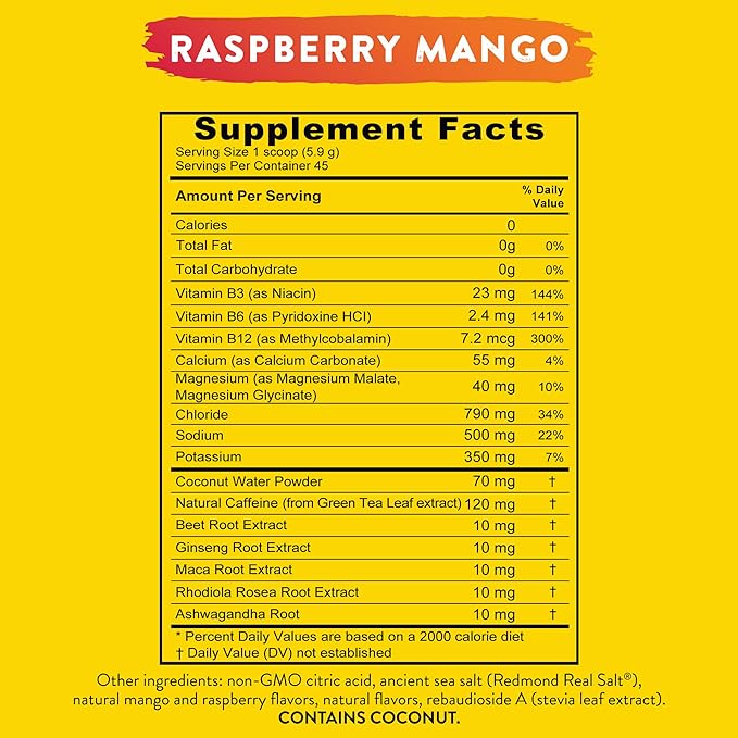 Redmond Re-Lyte Energy Electrolyte Mix, Raspberry Mango, 8.6oz Jar