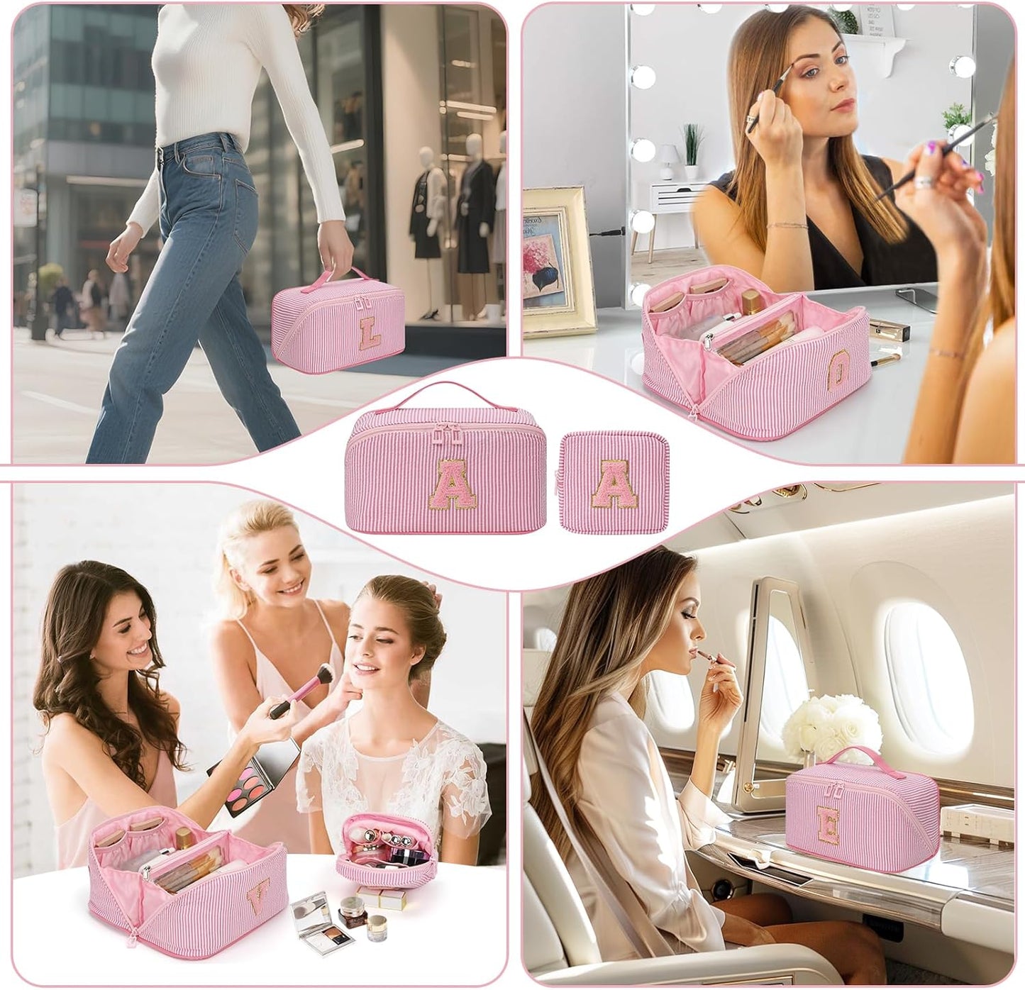 Travel Makeup Bag for Women, 2Pcs Portable Personalized Initial Makeup Organizer Bag, Open Flat Large Cosmetic Bag With Travel Essential Pouch (Pink Letter A)