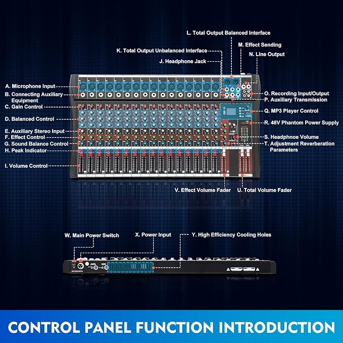 16 Channel Audio Mixer, Soundboard Mixing Console Sound Mixer DJ Sound