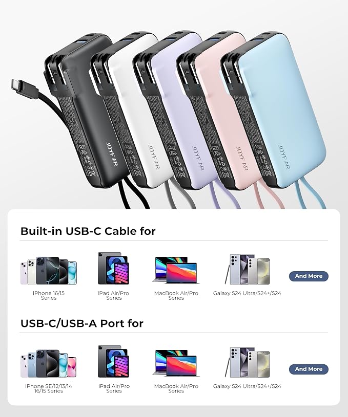 Portable Charger with Built-in USB-C Cable & Plug, 000mAh 5V/4.5A Power Bank