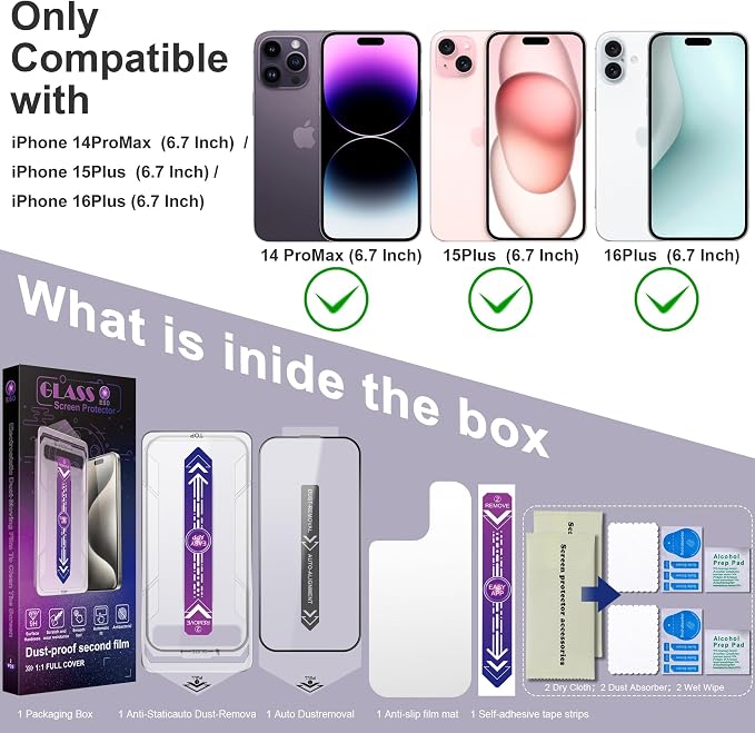 2 Pack Screen Protector for iPhone 14 Pro Max/iPhone 15 Plus/iPhone 16 Plus