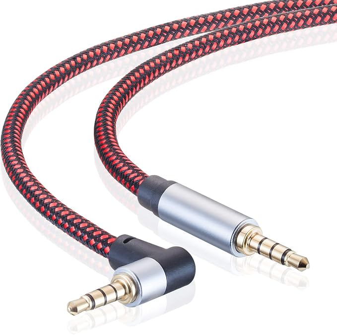Male to Male Audio Cable 12Ft, 90 Degree TRRS 3.5mm 4 Pole Nylon Braided Stereo