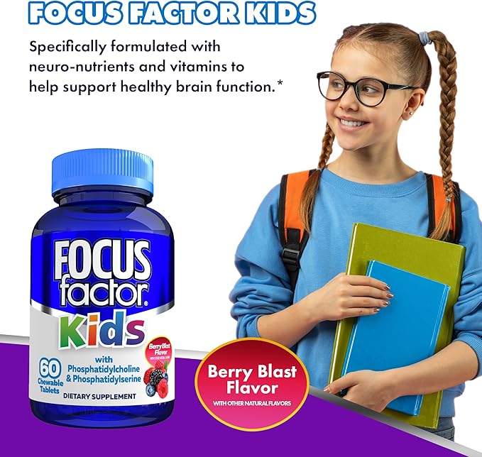 Focus Factor Kids Complete Daily Chewable Multivitamin & Neuro Nutrient Brain Function w/Vitamin B12, C, D3, Berry, 60 Count, Pack of 3