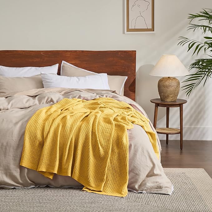 Bedsure 100% Cotton Blanket Queen Size for Bed - Breathable and Soft, Waffle Weave Blanket for Summer Spring, Mustard Yellow, 90x90 Inches