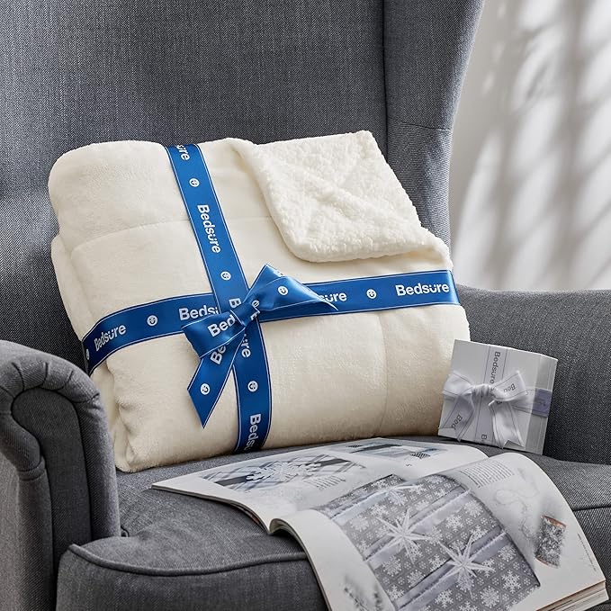 Bedsure Sherpa Fleece Throw Blanket for Couch - Thick and Warm, Soft Fuzzy Plush Throw Blanket for Winter, Cream, 50x60 Inches