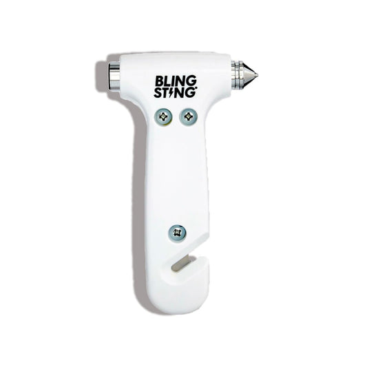 BLINGSTING Safety Hammer - Emergency Automotive Escape Tool with Window Breaker, Seat Belt Cutter & Adjustable Car Visor Strap - Tempered Glass Breaker - Steel Blade - White (1 Count)