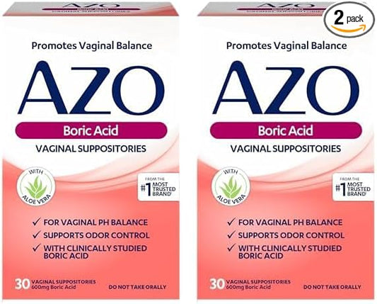 AZO Boric Acid Vaginal Suppositories, Helps Support Odor Control and Balance Vaginal PH with Clinically Studied Boric Acid, Non-GMO, 30 Count (Pack of 2)