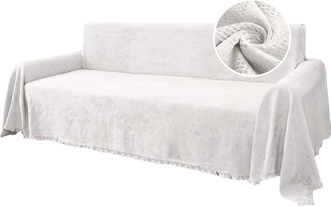 H.VERSAILTEX Cotton Sofa Covers Couch Cover Sofa Slipcover for Most Shape Sofas, Feature Thick Woven Jacquard Seamless with Tassels, Multi-Use Decorative for Couch (X-Large: 71" x 118", White)