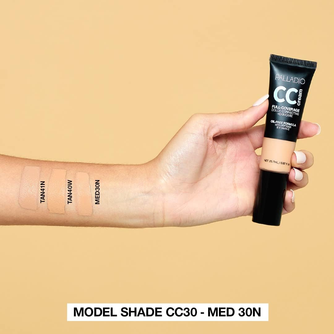 Palladio Full-Coverage Color Correction CC Cream, Oil-Free with Peptides & Vitamin C, Best for Correcting Redness and Uneven Skin Tone, Buildable Foundation Coverage (Tan 41N)
