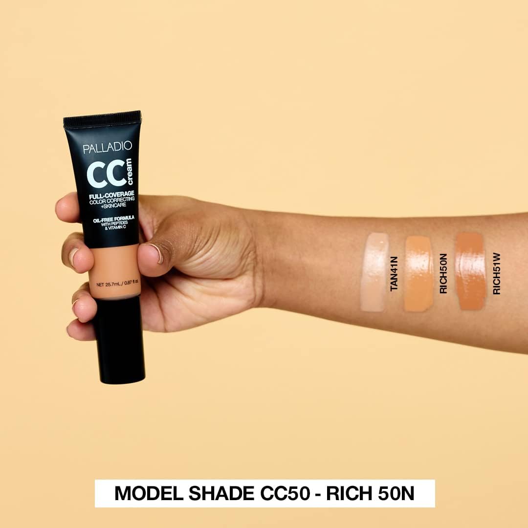 Palladio Full-Coverage Color Correction CC Cream, Oil-Free with Peptides & Vitamin C, Best for Correcting Redness and Uneven Skin Tone, Buildable Foundation Coverage (Rich 50N)