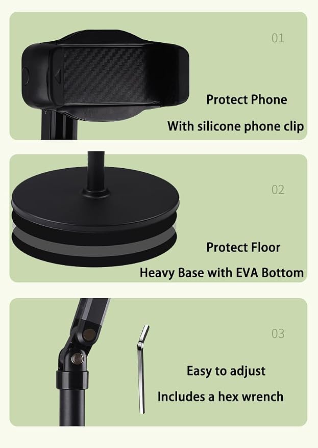 Phone Floor Stand for Recording Cell Phone Holder for Bed, Adjustable Tall Stand