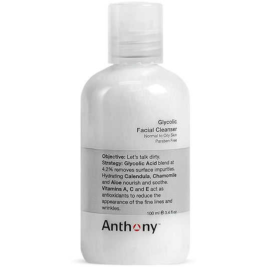 Anthony Glycolic Facial Cleanser for Men, Daily Exfoliating & Hydrating Face Wash, Shave Prep, Non-Foaming, Deep Cleansing, Gentle on Sensitive Skin, Removes Dirt & Oil, Smooths Texture, 3.4 Fl Oz
