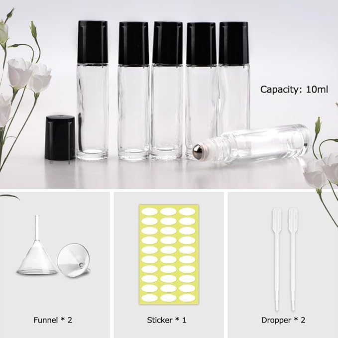 Sungwoo 12 Pack Essential Oil Bottles, 10ml Clear Glass Bottles with Stainless Steel Roller Balls and Caps for Travel, Perfume and Lip Gloss