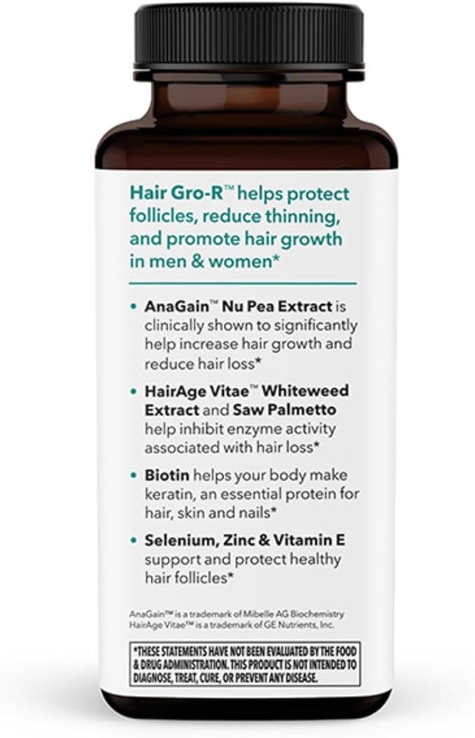 LifeSeasons Hair Gro-R - Clinically Studied Ingredients - Support Thickness Growth & Less Thinning - Reduce Hair Loss & Encourage Regrowth - Biotin Zinc Selenium & AnaGain Nu Pea Extract - 60 Capsules