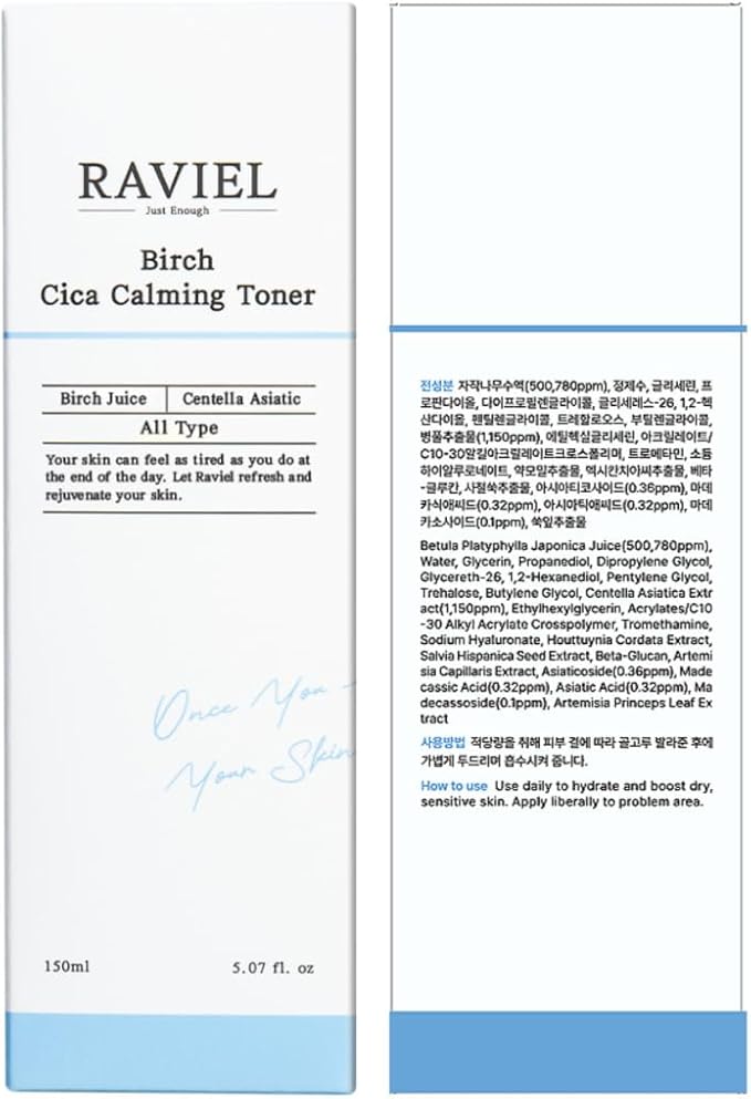 RAVIEL Birch CICA Barrier Repair Toner – Soothing & Deep Hydration for Sensitive, Dry, and Damaged Skin – Korean Skincare with Birch Sap & Centella Asiatica (5.07 fl oz)