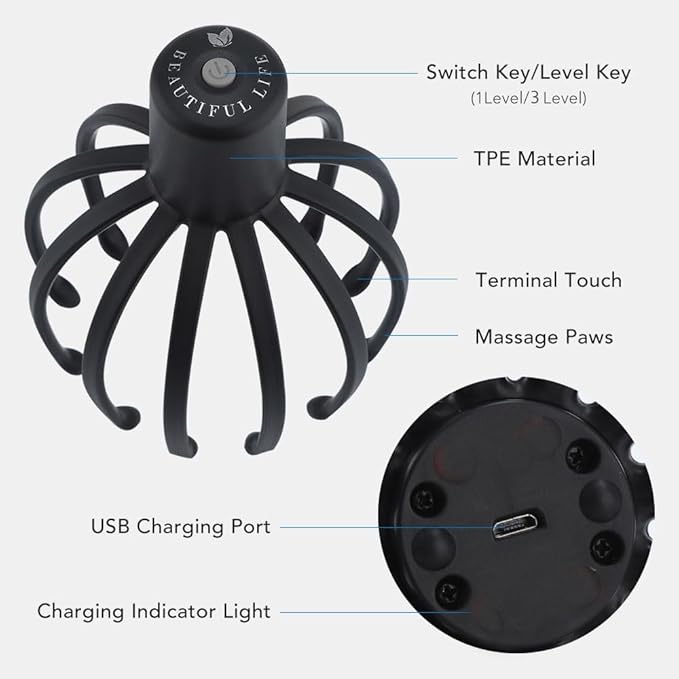 Electric Scalp Massager Head Massager Scalp Massager Tool, Head Scratcher Head Massager Scalp Stress Relax, Electric Octopus Claw 3 Modes 11 Nodes Black