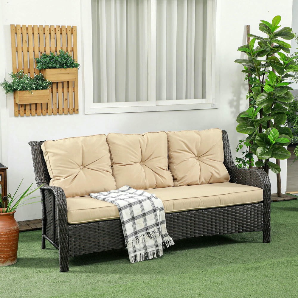 YYAo Patio Couch, Outdoor Sofa,3-Seater Outdoor Sofa w/ 4" Thick Cushions, Outdoor Couch, Beige