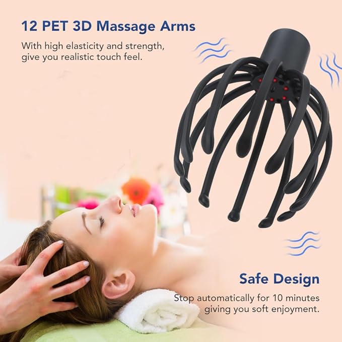 Electric Scalp Massager Head Massager Scalp Massager Tool, Head Scratcher Head Massager Scalp Stress Relax, Electric Octopus Claw 3 Modes 11 Nodes Black