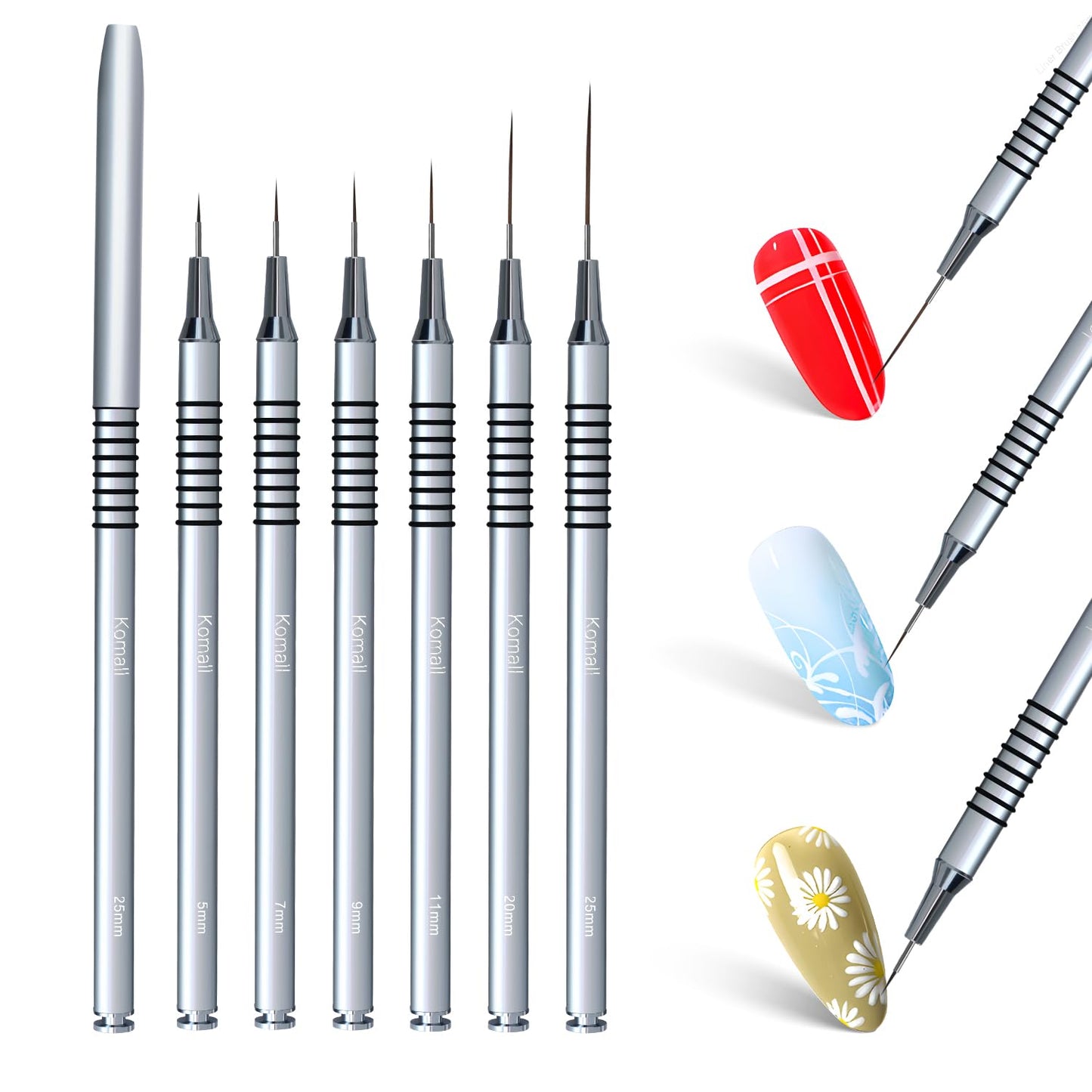 Metallic Nail Art Brushes, 6Pcs Non Slip Liner Brush Set, UV Gel Polish Painting Art Design Pen for Long Lines, Thin Details, Fine Drawing Sizes 5/7/9/11/20/25mm(Silver)