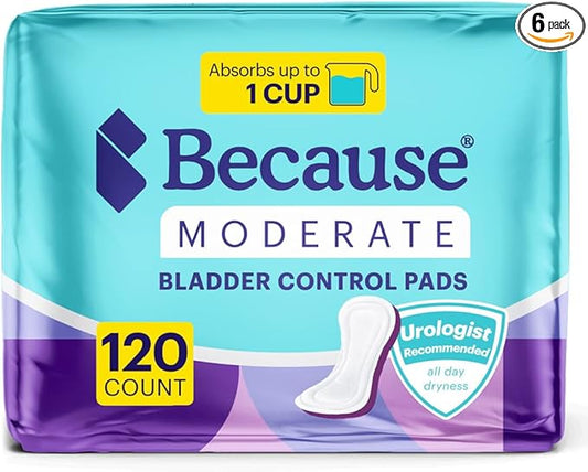Because Premium Incontinence Pads for Women - Discreet, Individually Wrapped Liners - Moderate Absorbency, Ergonomic Design for Comfort, Leak Protection - 120 Count (6 Packs of 20)
