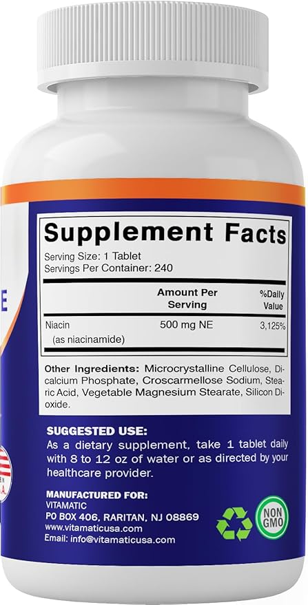 Vitamatic Niacinamide 500 mg 240 Tablets - Flush Free Vitamin B3 - Supports Energy Production