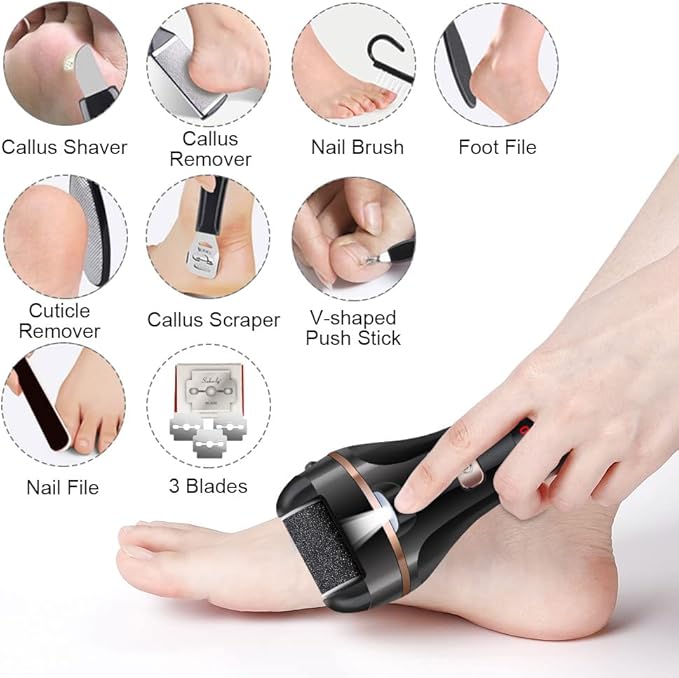 Electric Foot File Callus Remover, Rechargeable Pedicure Tools Foot Care Kit, Callus Remover for Feet with 3 Roller Heads,2 Speed for Remove Cracked Heels Calluses and Hard Skin