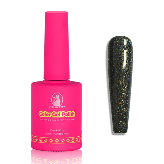 Holographic Glitter Gel Nail Polish, HEMA HPMA TPO Free, Black Sparkle Shimmer, Need UV Lamp Long Lasting Salon Perfect Gel Nail 15ML for Women (BJ-005)