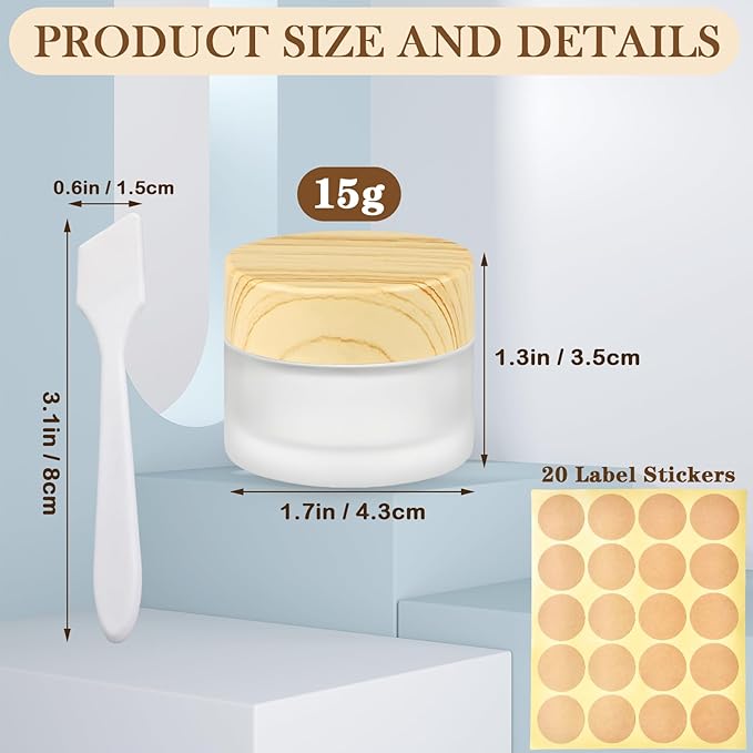 1/2 oz Glass Jars with Lids 6Pcs Frosted Glass Lip Balm Containers Cosmetic Containers Cream Box for Lotion Cream Lip Balm Eyeshadow, Spatulas,Stickers
